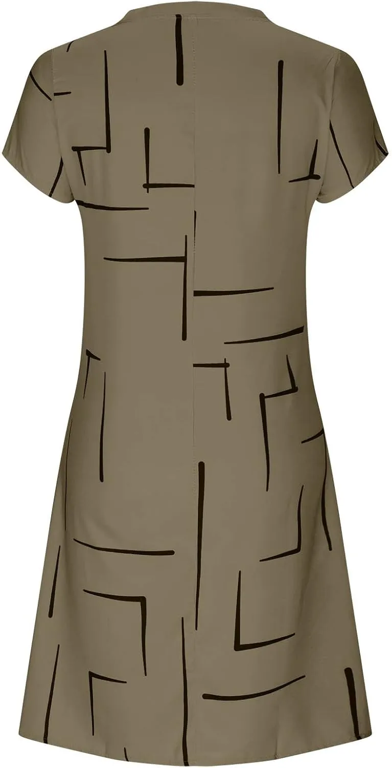 Funny Print Dress for Women V-Neck Short Sleeve Basic Summer Casual Dresses Beach Vacation Fashion Midi Sundress