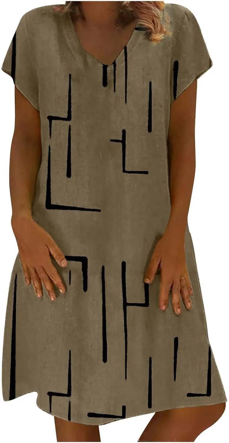 Funny Print Dress for Women V-Neck Short Sleeve Basic Summer Casual Dresses Beach Vacation Fashion Midi Sundress