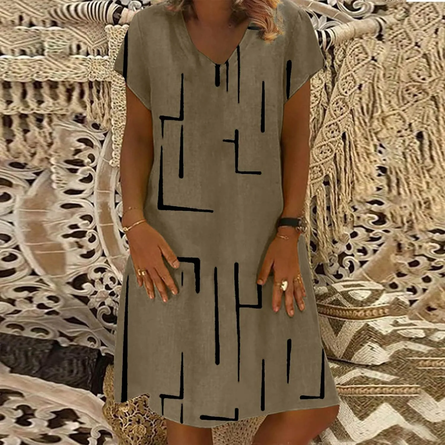 Funny Print Dress for Women V-Neck Short Sleeve Basic Summer Casual Dresses Beach Vacation Fashion Midi Sundress