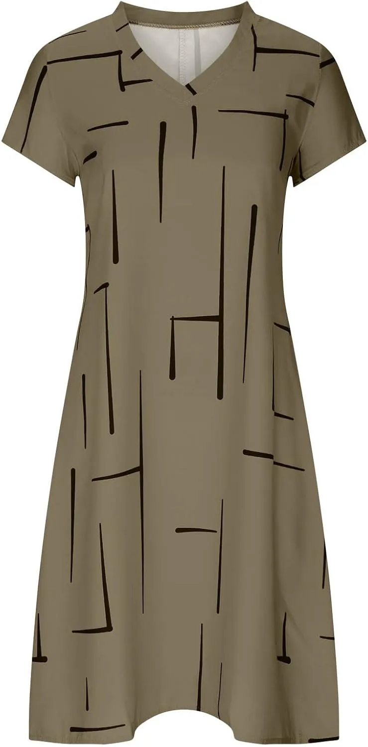 Funny Print Dress for Women V-Neck Short Sleeve Basic Summer Casual Dresses Beach Vacation Fashion Midi Sundress