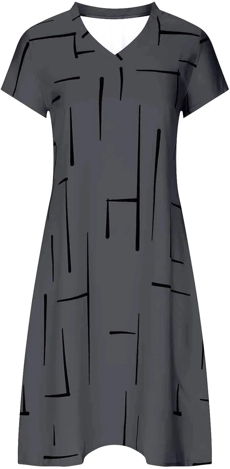 Funny Print Dress for Women V-Neck Short Sleeve Basic Summer Casual Dresses Beach Vacation Fashion Midi Sundress