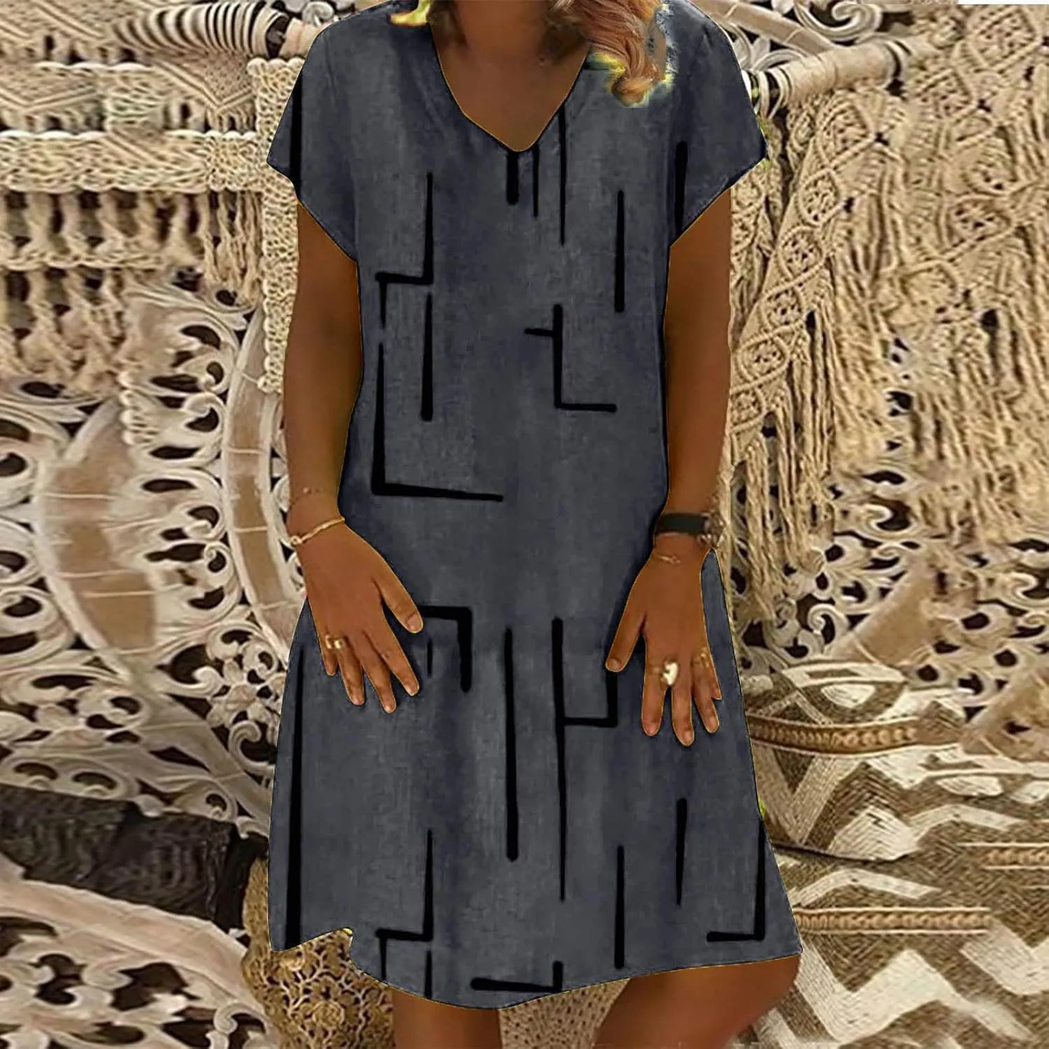Funny Print Dress for Women V-Neck Short Sleeve Basic Summer Casual Dresses Beach Vacation Fashion Midi Sundress