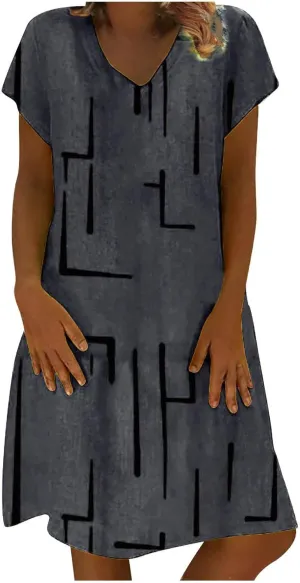 Funny Print Dress for Women V-Neck Short Sleeve Basic Summer Casual Dresses Beach Vacation Fashion Midi Sundress