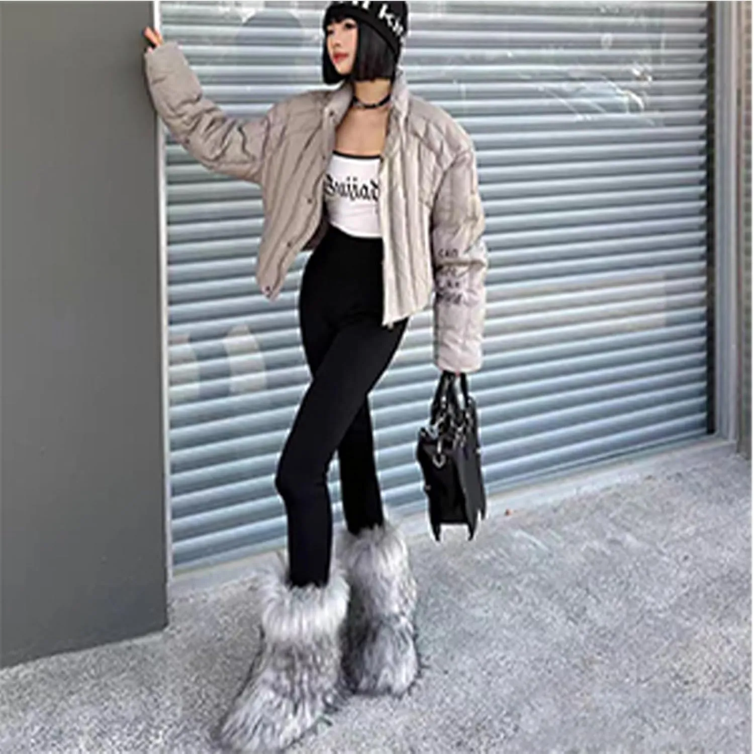 Fur Boots Warm Women's Faux Fur Boot Furry Short Snow Boot Mid-Calf Boots Outdoor Flat Shoes