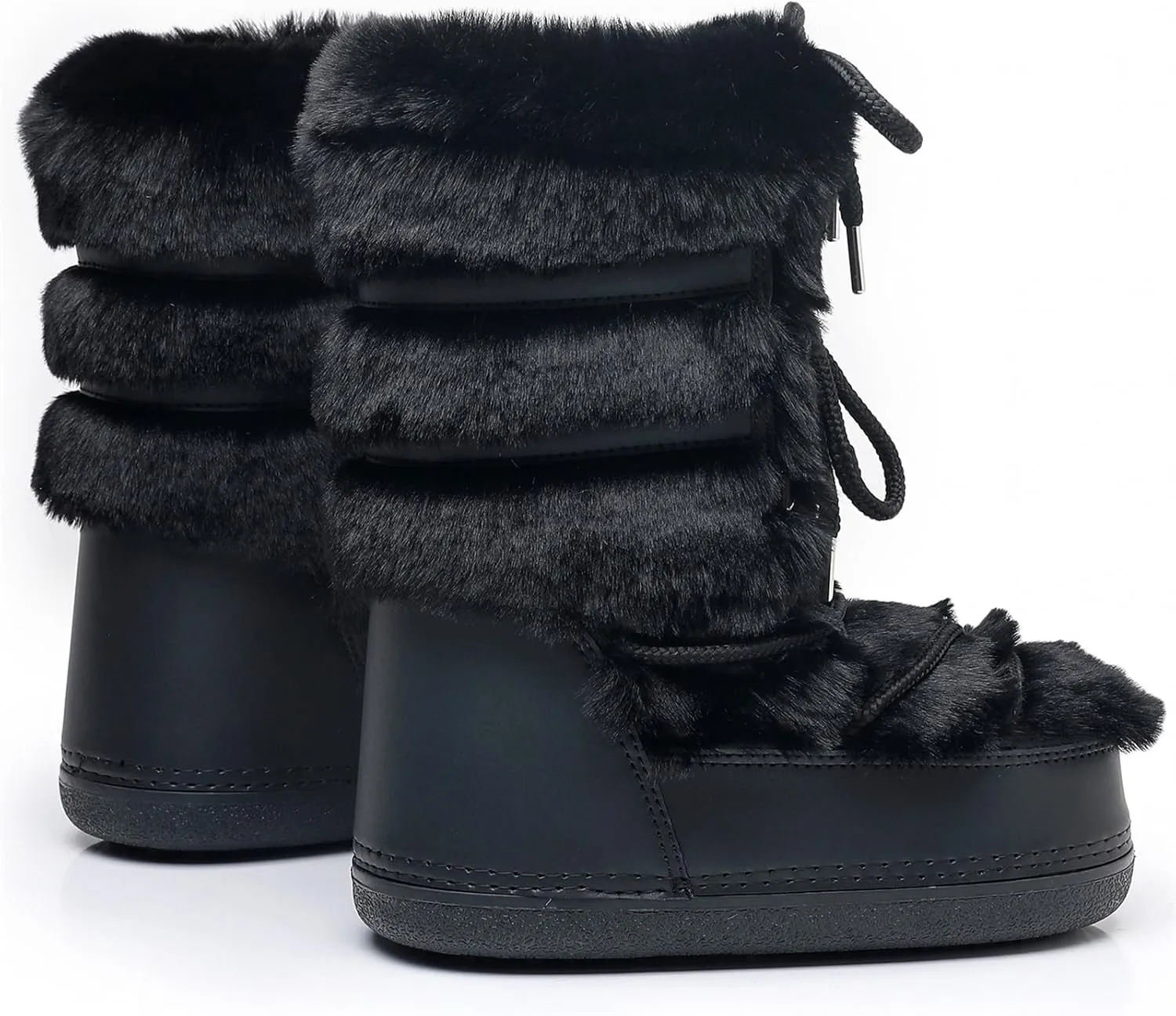 Furry Faux Fur Boots for Women - Fuzzy Boots for Women Winter Snow Boots - Fluffy Black White Pink Fur Boots- Lace-up Mid-Calf Water-Resistant Platform Boots