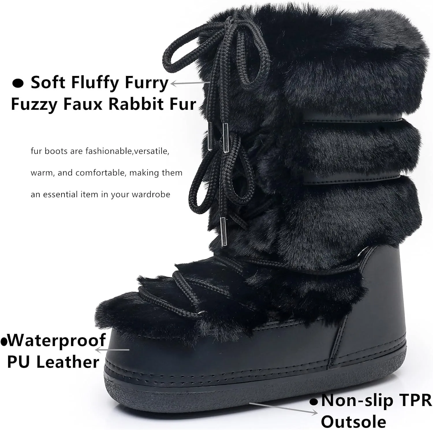 Furry Faux Fur Boots for Women - Fuzzy Boots for Women Winter Snow Boots - Fluffy Black White Pink Fur Boots- Lace-up Mid-Calf Water-Resistant Platform Boots
