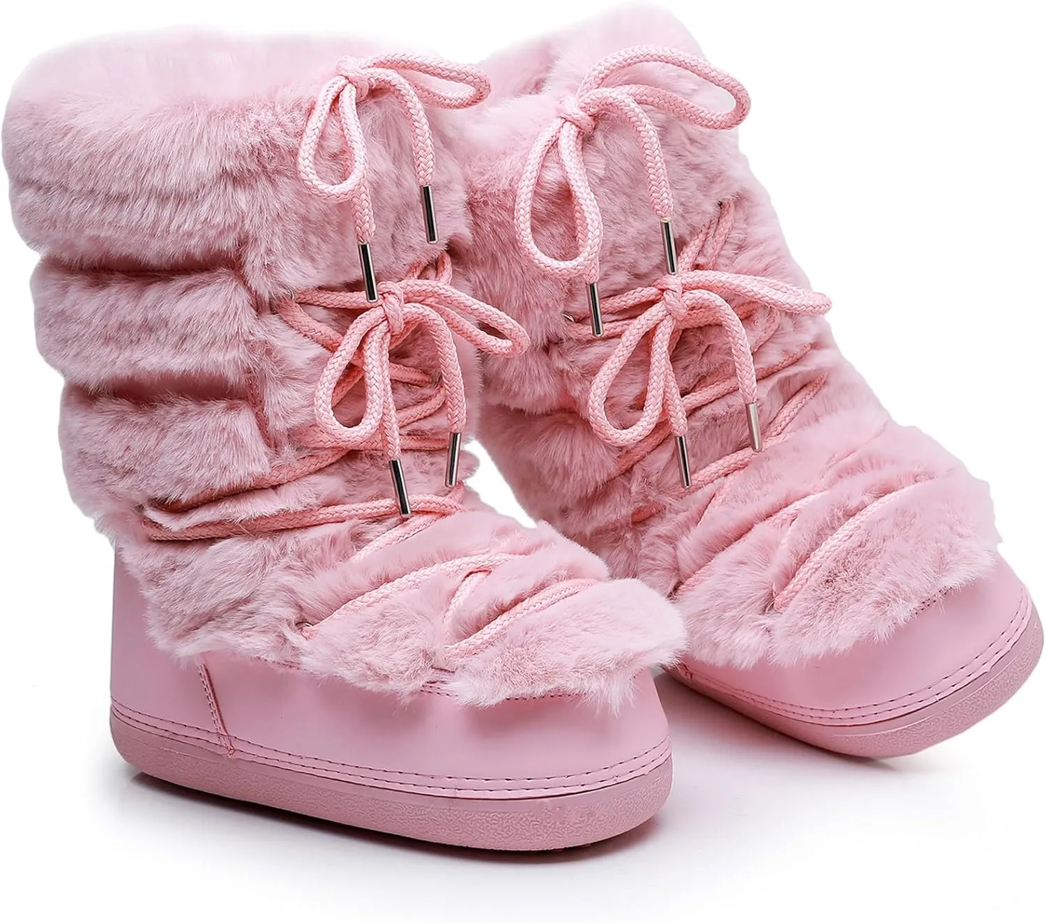 Furry Faux Fur Boots for Women - Fuzzy Boots for Women Winter Snow Boots - Fluffy Black White Pink Fur Boots- Lace-up Mid-Calf Water-Resistant Platform Boots