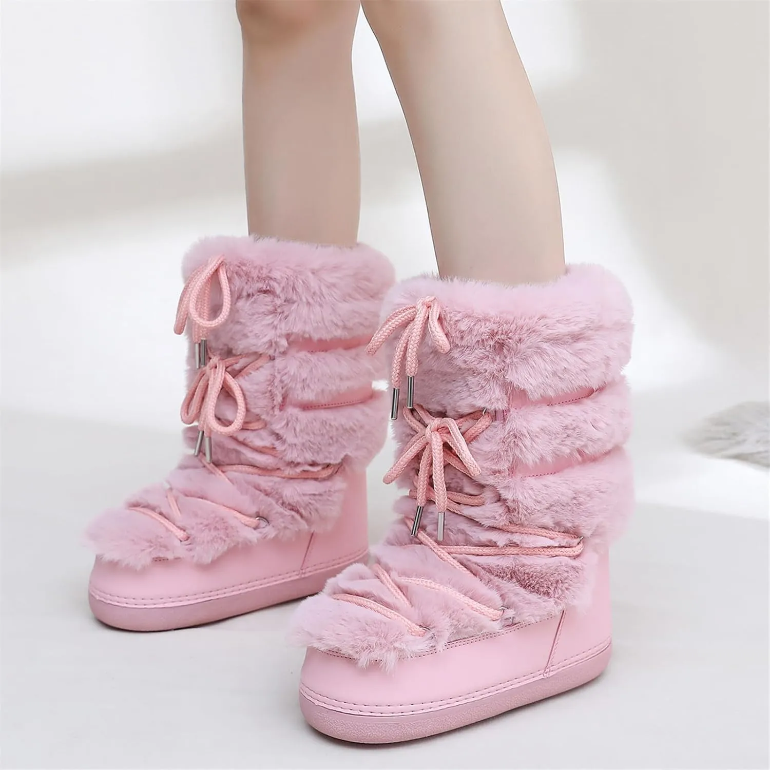 Furry Faux Fur Boots for Women - Fuzzy Boots for Women Winter Snow Boots - Fluffy Black White Pink Fur Boots- Lace-up Mid-Calf Water-Resistant Platform Boots