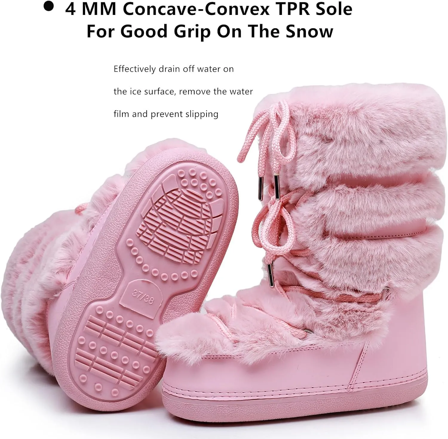 Furry Faux Fur Boots for Women - Fuzzy Boots for Women Winter Snow Boots - Fluffy Black White Pink Fur Boots- Lace-up Mid-Calf Water-Resistant Platform Boots