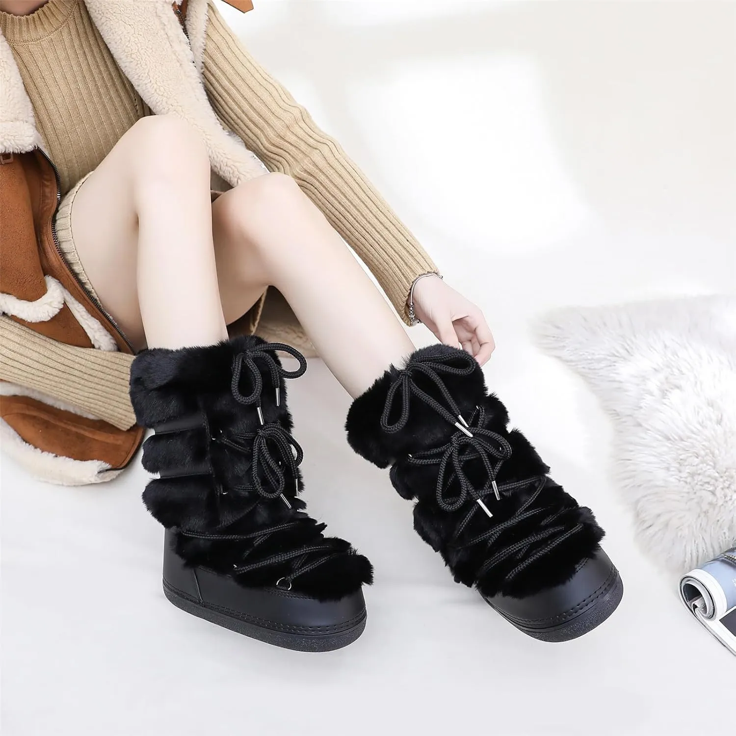 Furry Faux Fur Boots for Women - Fuzzy Boots for Women Winter Snow Boots - Fluffy Black White Pink Fur Boots- Lace-up Mid-Calf Water-Resistant Platform Boots
