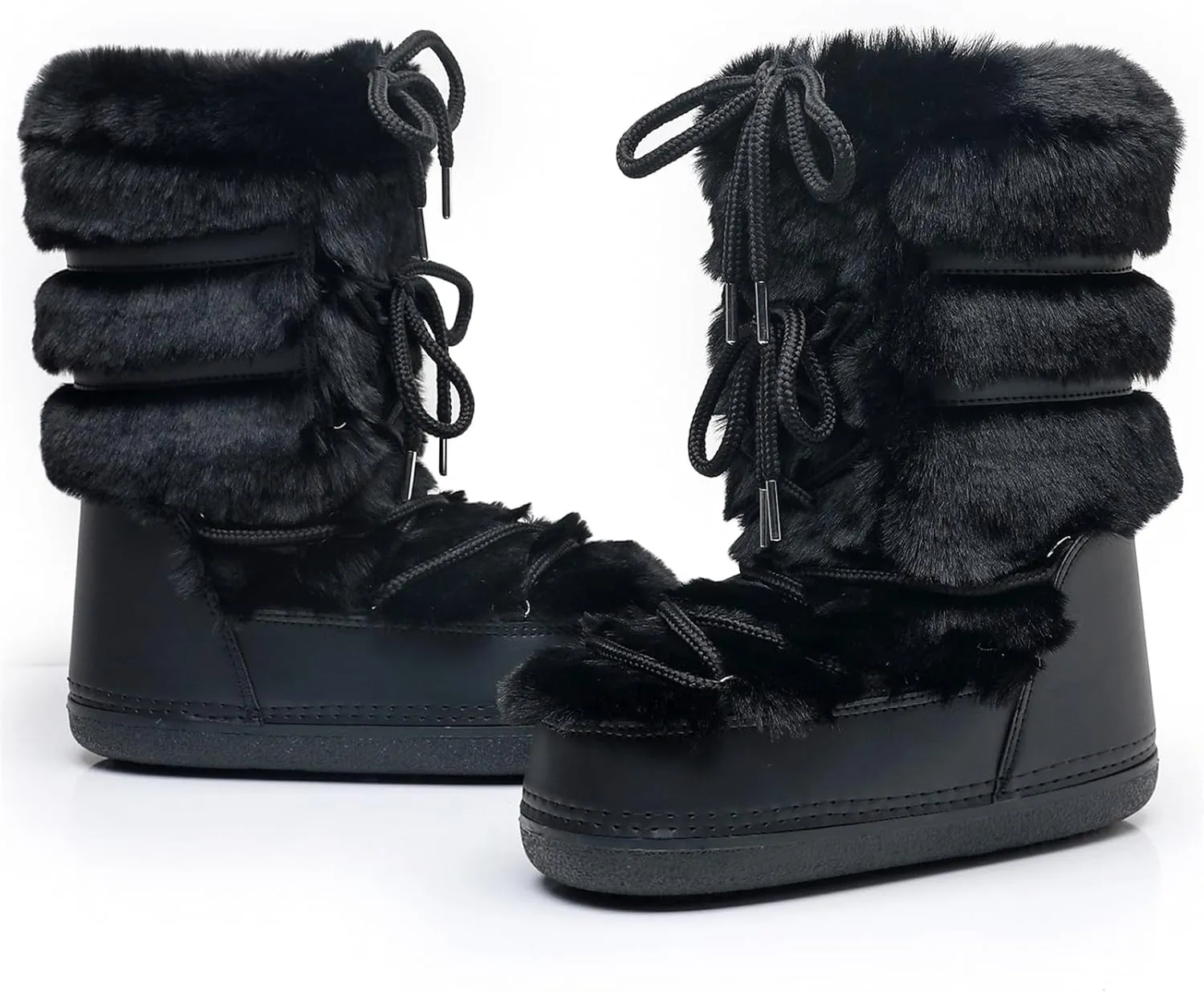 Furry Faux Fur Boots for Women - Fuzzy Boots for Women Winter Snow Boots - Fluffy Black White Pink Fur Boots- Lace-up Mid-Calf Water-Resistant Platform Boots
