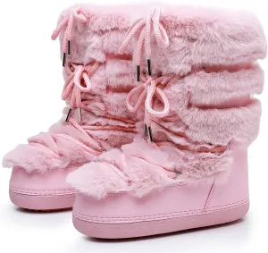 Furry Faux Fur Boots for Women - Fuzzy Boots for Women Winter Snow Boots - Fluffy Black White Pink Fur Boots- Lace-up Mid-Calf Water-Resistant Platform Boots