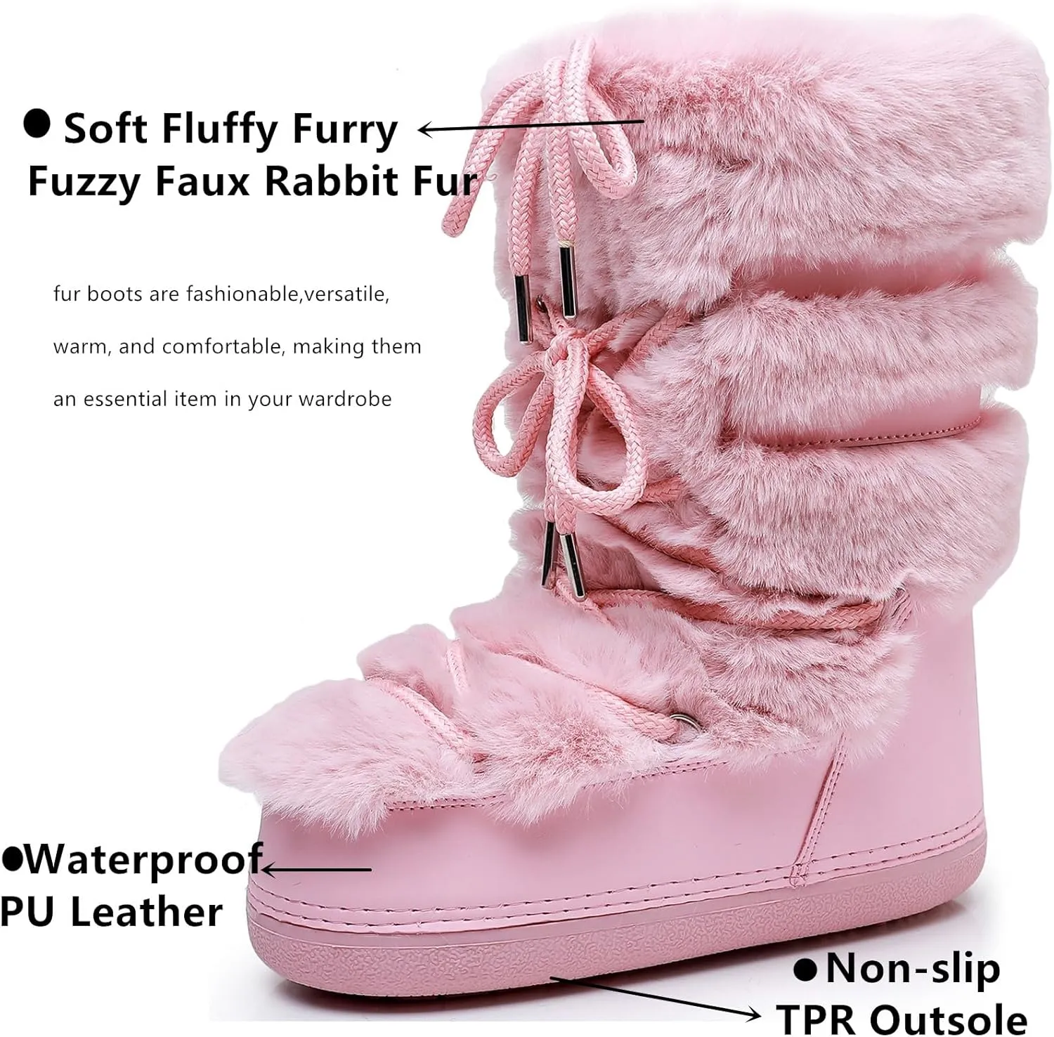 Furry Faux Fur Boots for Women - Fuzzy Boots for Women Winter Snow Boots - Fluffy Black White Pink Fur Boots- Lace-up Mid-Calf Water-Resistant Platform Boots