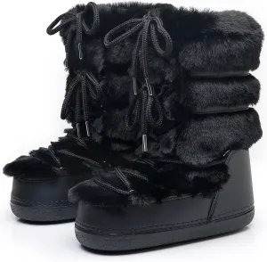Furry Faux Fur Boots for Women - Fuzzy Boots for Women Winter Snow Boots - Fluffy Black White Pink Fur Boots- Lace-up Mid-Calf Water-Resistant Platform Boots