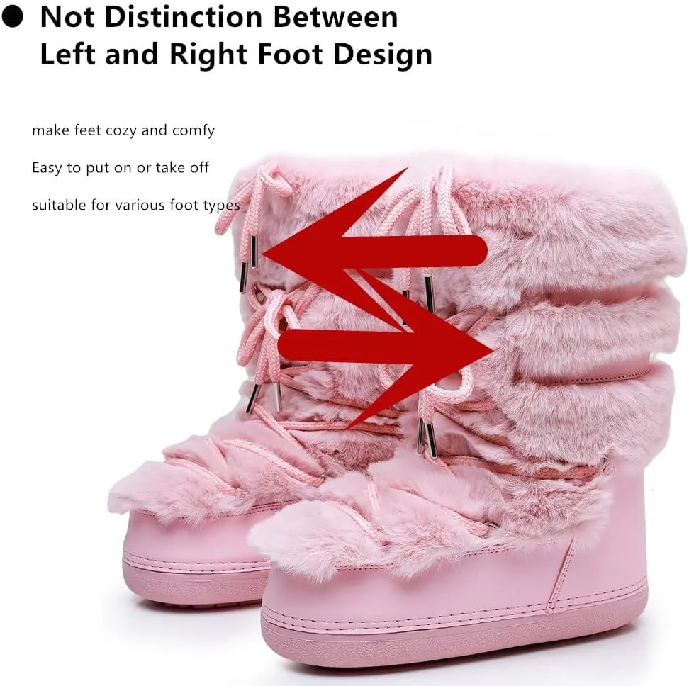 Furry Faux Fur Boots for Women - Fuzzy Boots for Women Winter Snow Boots - Fluffy Black White Pink Fur Boots- Lace-up Mid-Calf Water-Resistant Platform Boots