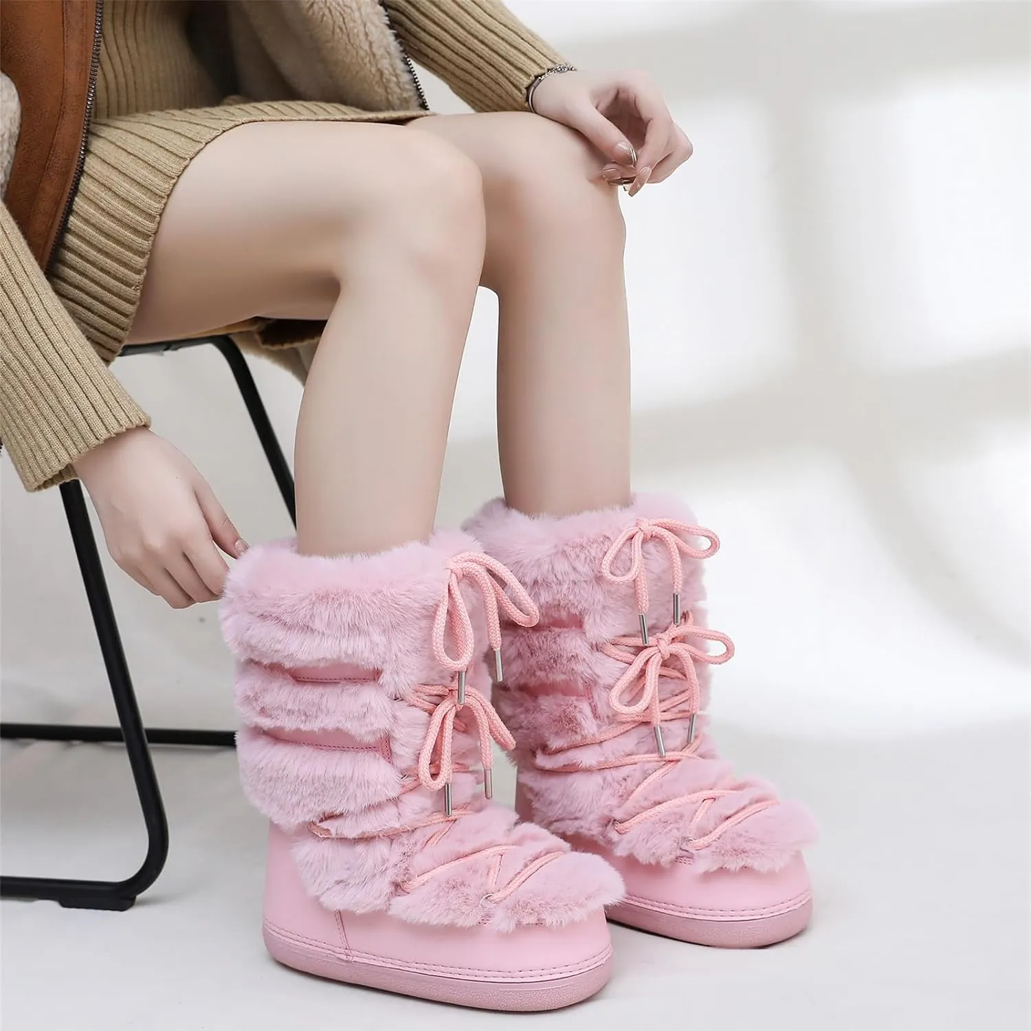 Furry Faux Fur Boots for Women - Fuzzy Boots for Women Winter Snow Boots - Fluffy Black White Pink Fur Boots- Lace-up Mid-Calf Water-Resistant Platform Boots