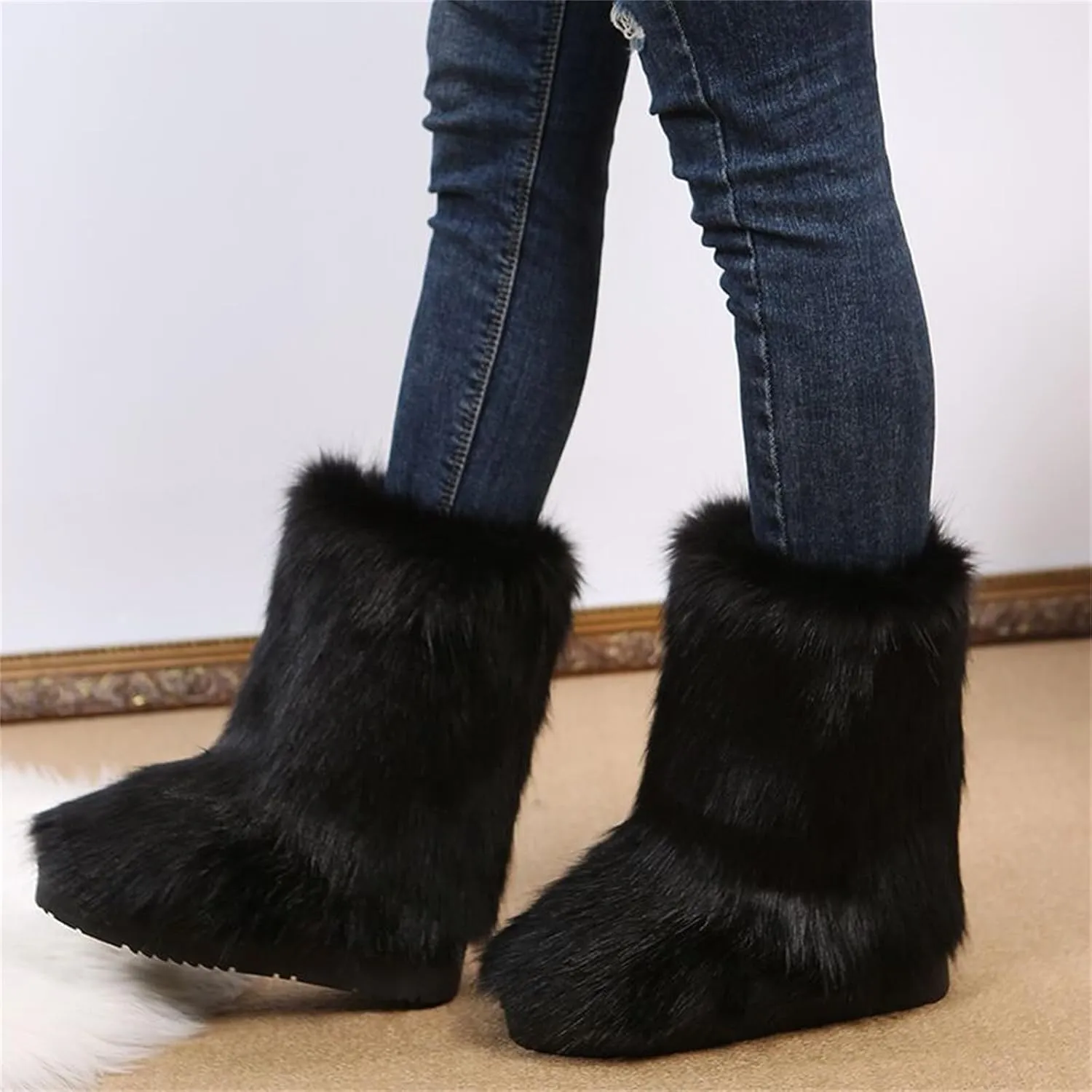 Furry Faux Fur Boots for Women Outdoor Flat Shoes Winter Warm Fuzzy Fluffy Furry Ankle Boots Mid Calf Snow Booties