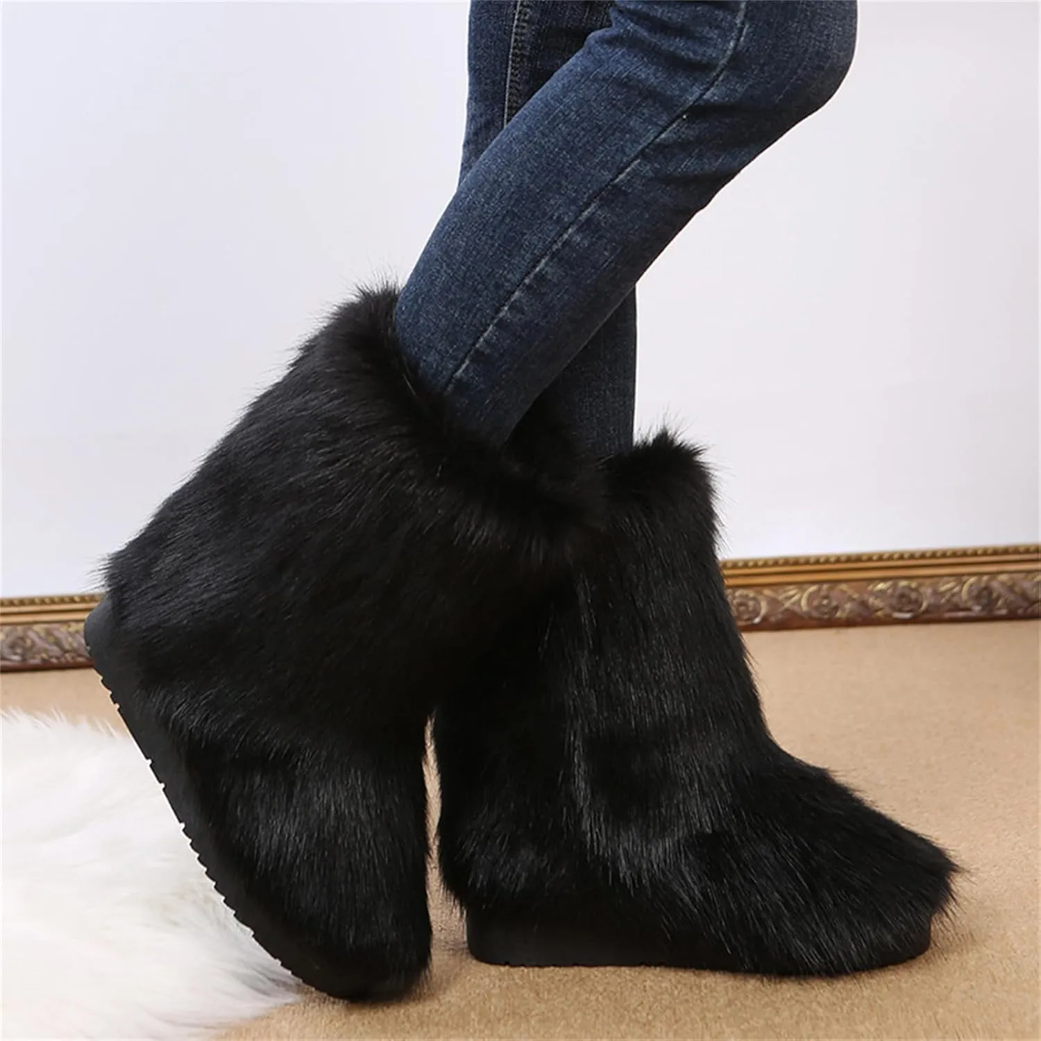 Furry Faux Fur Boots for Women Outdoor Flat Shoes Winter Warm Fuzzy Fluffy Furry Ankle Boots Mid Calf Snow Booties