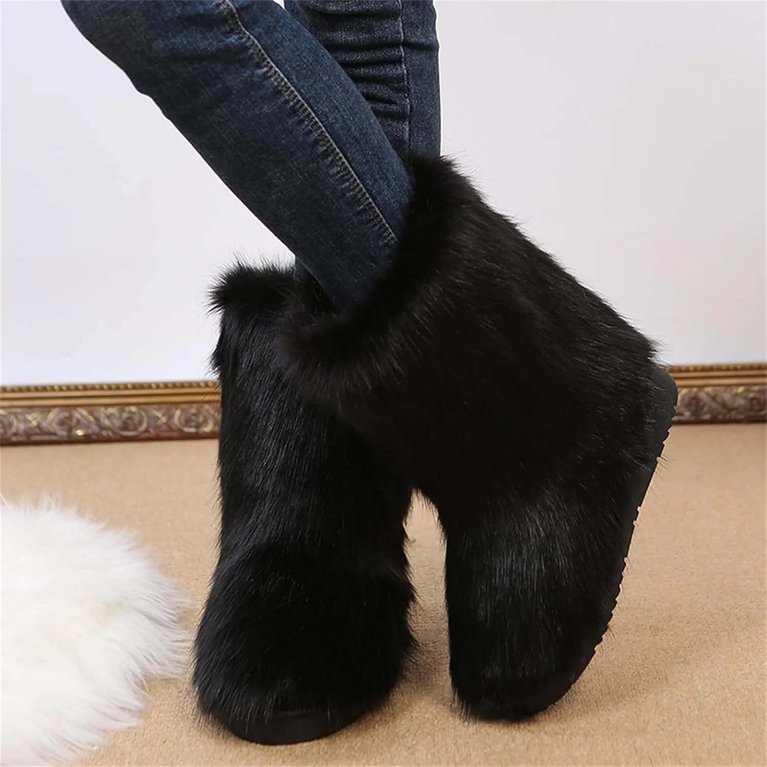 Furry Faux Fur Boots for Women Outdoor Flat Shoes Winter Warm Fuzzy Fluffy Furry Ankle Boots Mid Calf Snow Booties