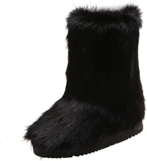 Furry Faux Fur Boots for Women Outdoor Flat Shoes Winter Warm Fuzzy Fluffy Furry Ankle Boots Mid Calf Snow Booties