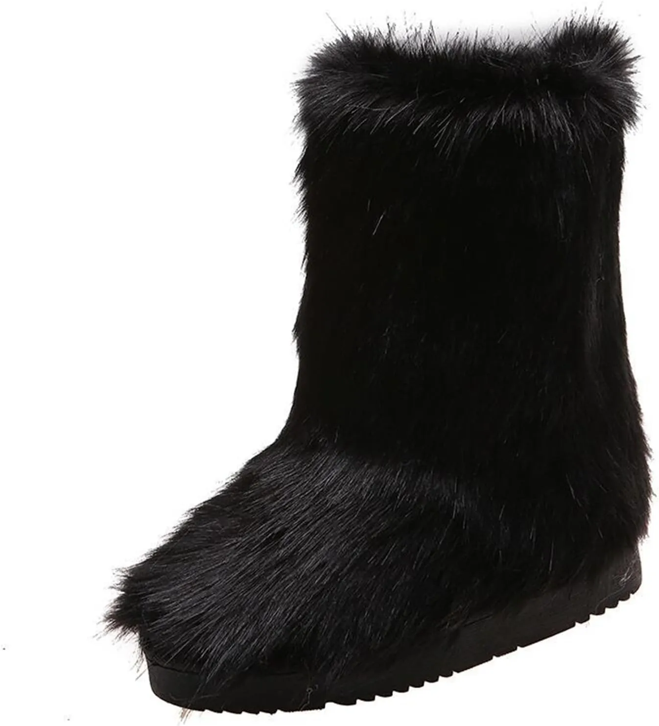 Furry Faux Fur Boots for Women Outdoor Flat Shoes Winter Warm Fuzzy Fluffy Furry Ankle Boots Mid Calf Snow Booties