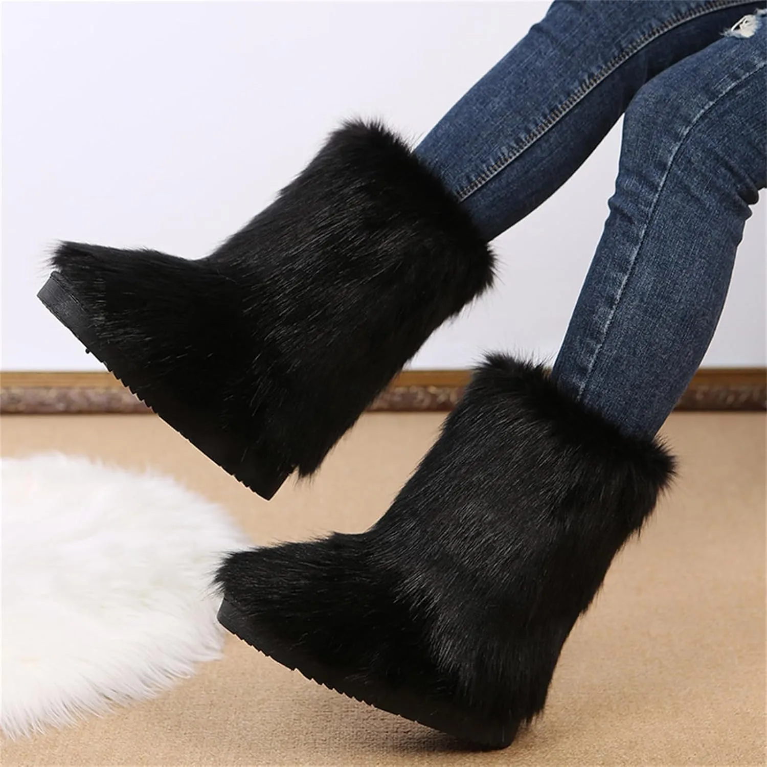 Furry Faux Fur Boots for Women Outdoor Flat Shoes Winter Warm Fuzzy Fluffy Furry Ankle Boots Mid Calf Snow Booties