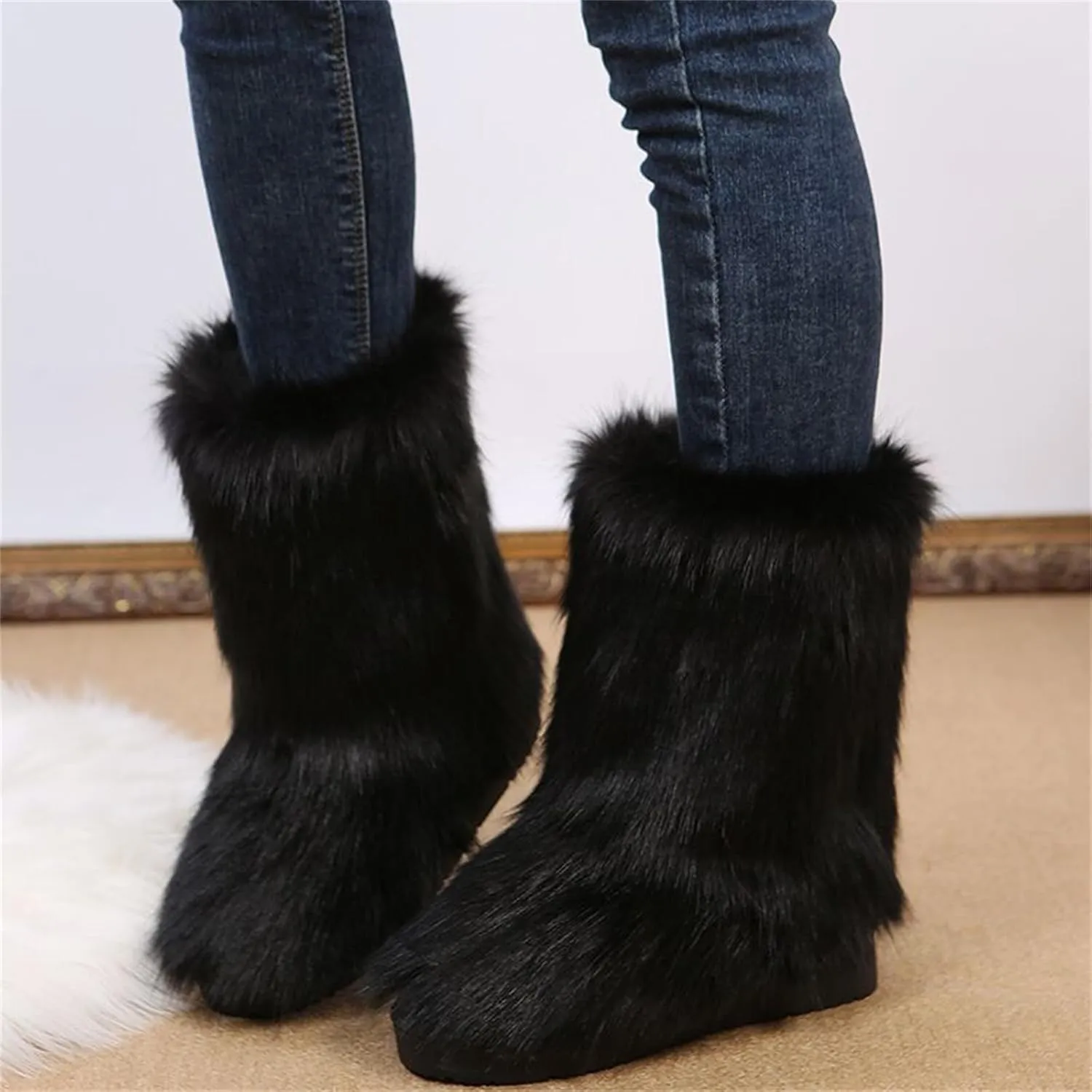 Furry Faux Fur Boots for Women Outdoor Flat Shoes Winter Warm Fuzzy Fluffy Furry Ankle Boots Mid Calf Snow Booties