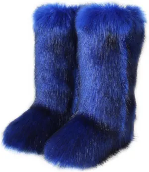 Gegefur Women's Furry Fluffy Boot Faux Fur Long Snow Boot Knee High Boots Warm Comfortable Outdoor Flat Shoes