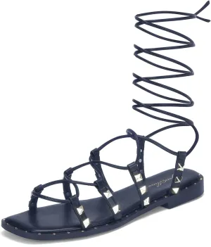 GENSHUO Lace Up Flat Sandals for Women Square Toe and Studded Criss-Cross Gladiator Strappy Flats Roman Shoes