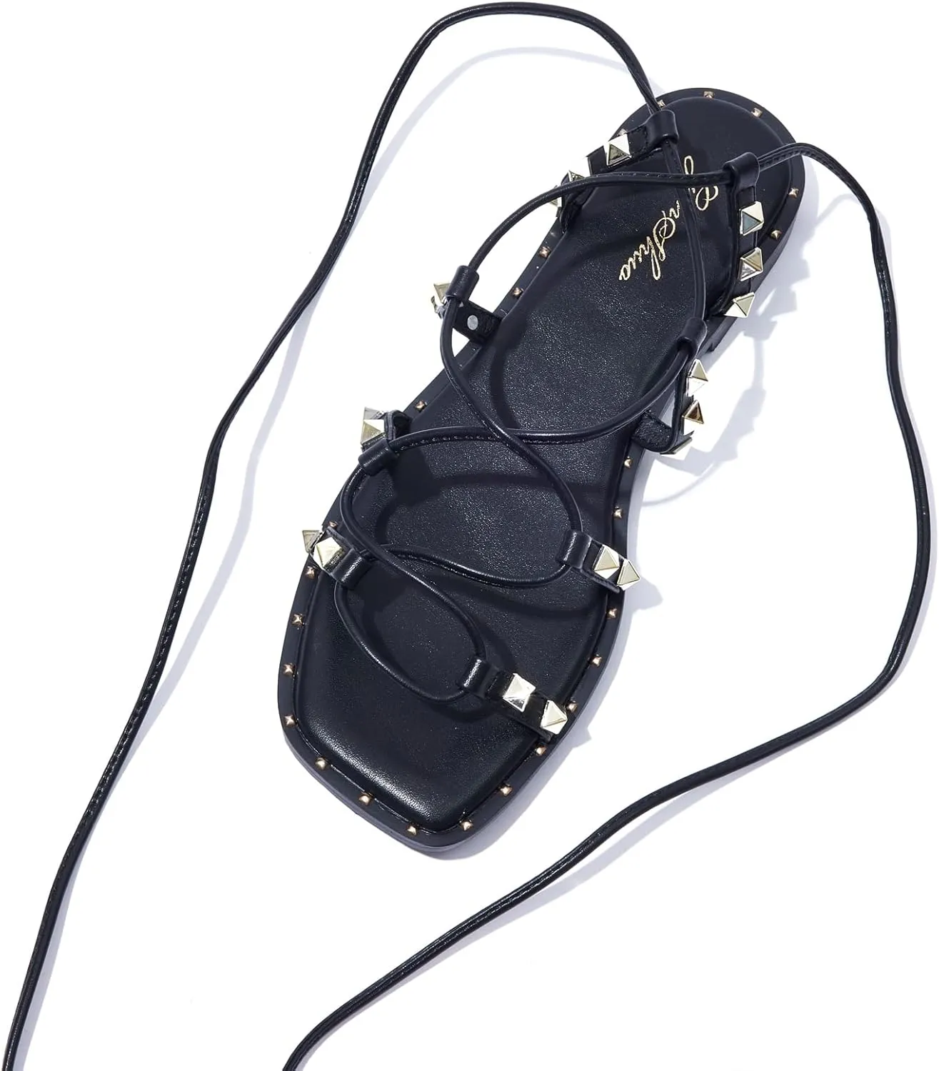 GENSHUO Lace Up Flat Sandals for Women Square Toe and Studded Criss-Cross Gladiator Strappy Flats Roman Shoes