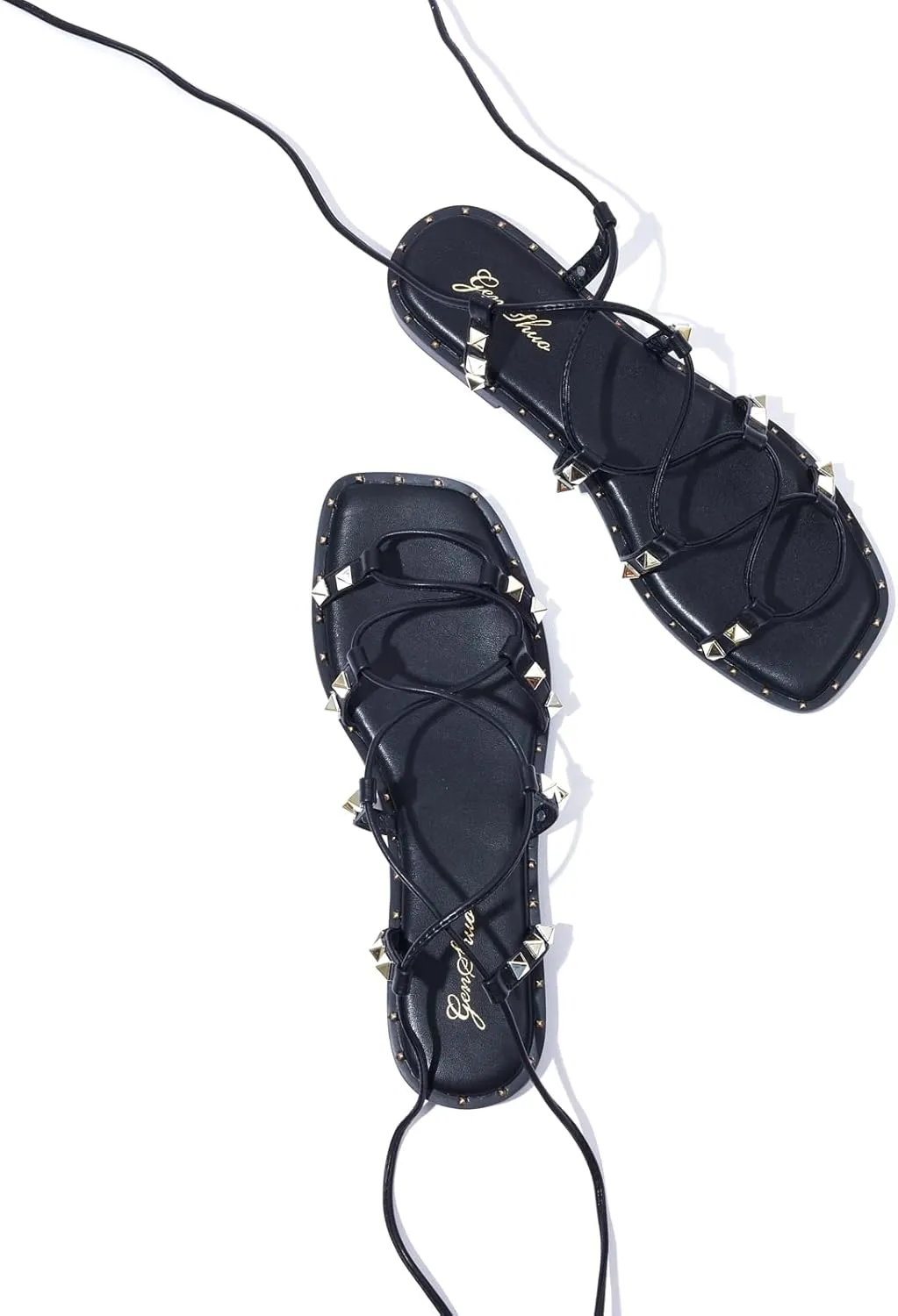 GENSHUO Lace Up Flat Sandals for Women Square Toe and Studded Criss-Cross Gladiator Strappy Flats Roman Shoes