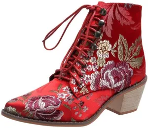 Gets Womens Vintage Floral Embroidered Block Heel Cowboy Boots Heighten Ankle Booties