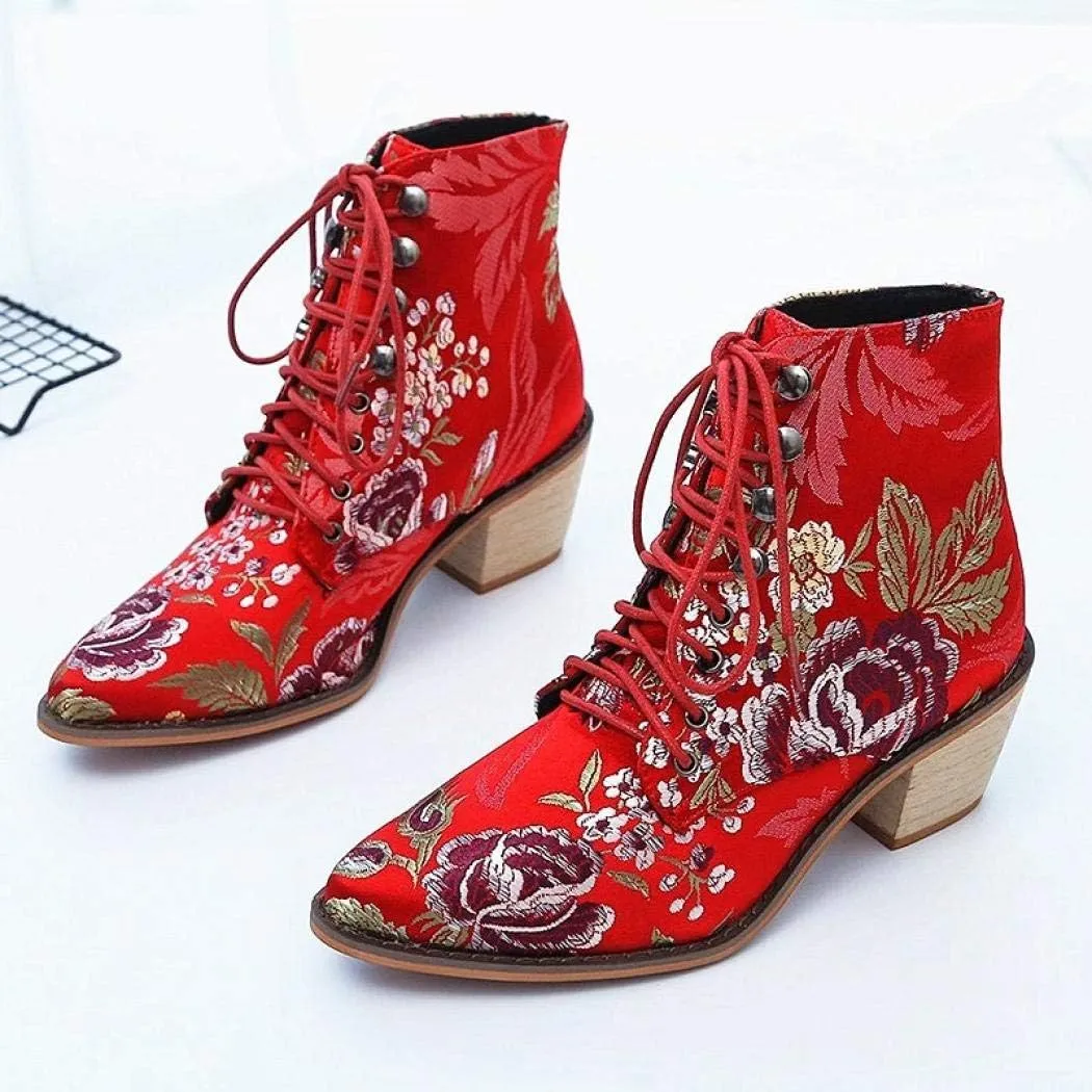 Gets Womens Vintage Floral Embroidered Block Heel Cowboy Boots Heighten Ankle Booties