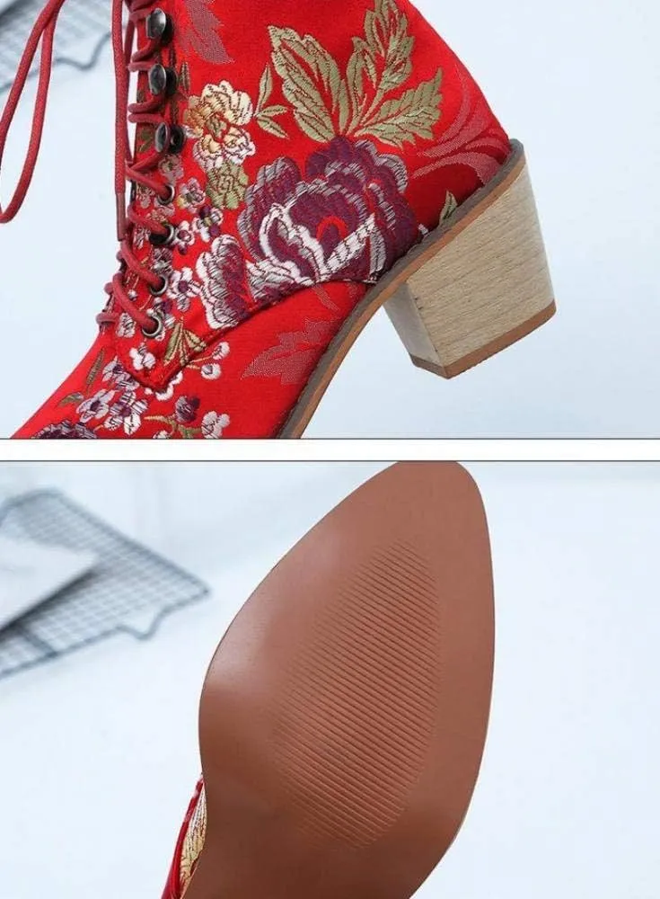 Gets Womens Vintage Floral Embroidered Block Heel Cowboy Boots Heighten Ankle Booties
