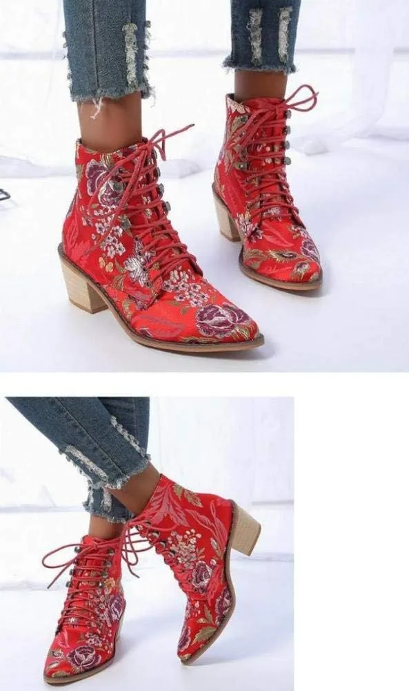 Gets Womens Vintage Floral Embroidered Block Heel Cowboy Boots Heighten Ankle Booties