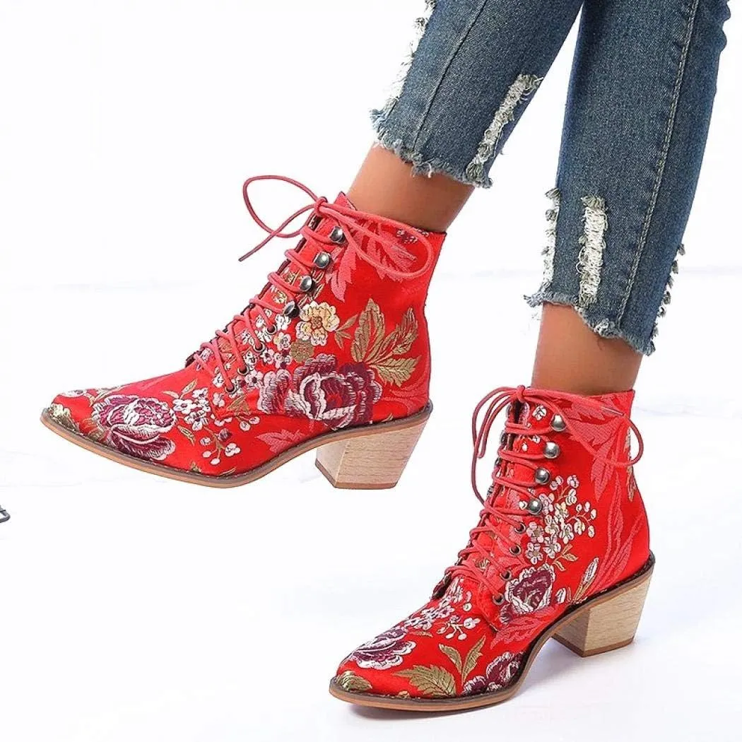 Gets Womens Vintage Floral Embroidered Block Heel Cowboy Boots Heighten Ankle Booties
