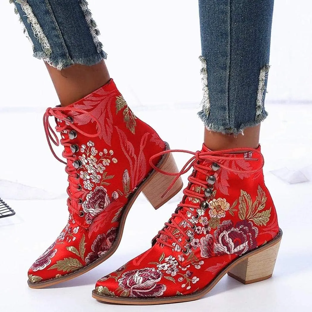 Gets Womens Vintage Floral Embroidered Block Heel Cowboy Boots Heighten Ankle Booties