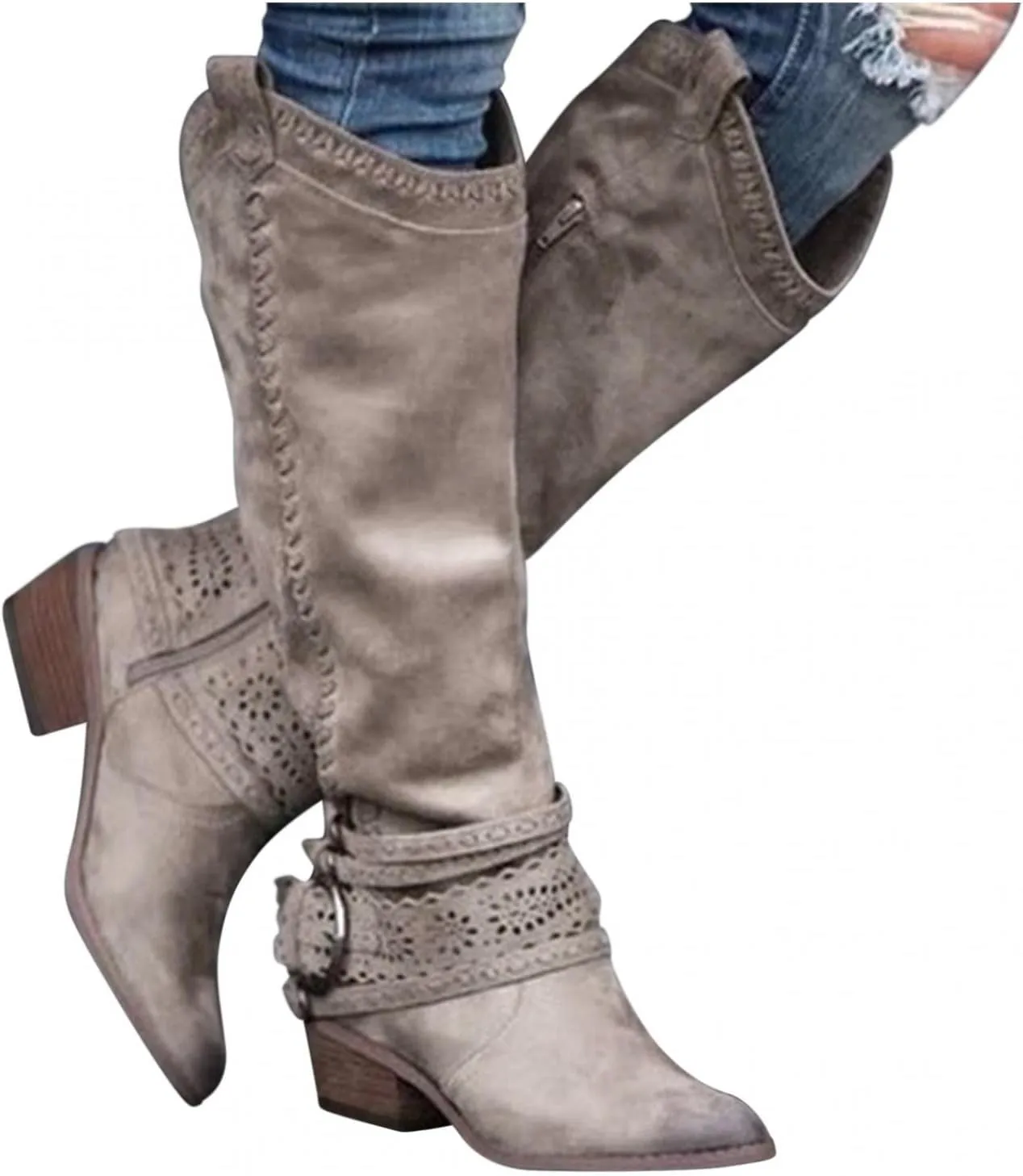 Gibobby Booties for Womens Mid Knee High Boots Chunky Heel Wide Calf Side Zipper Fashion Winter Cowboy Booties
