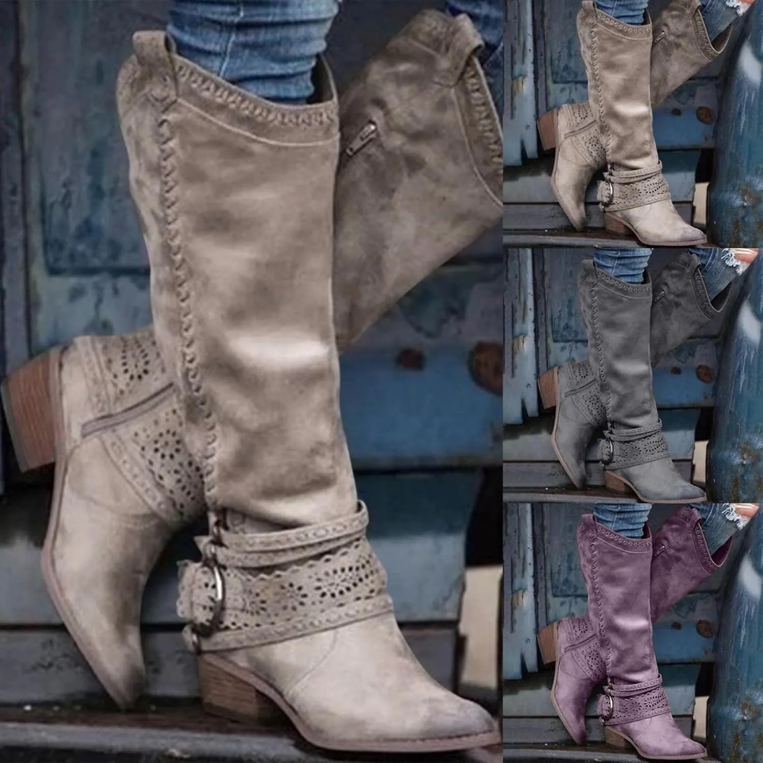 Gibobby Booties for Womens Mid Knee High Boots Chunky Heel Wide Calf Side Zipper Fashion Winter Cowboy Booties