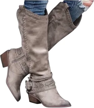 Gibobby Booties for Womens Mid Knee High Boots Chunky Heel Wide Calf Side Zipper Fashion Winter Cowboy Booties