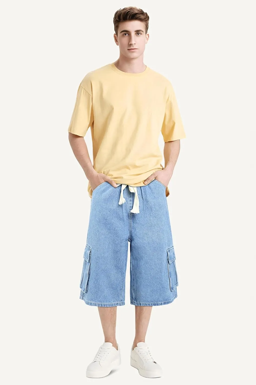 GINGTTO Mens Baggy Jean Shorts Cargo Long Denim Shorts Elastic Waist 15 Inch Inseam