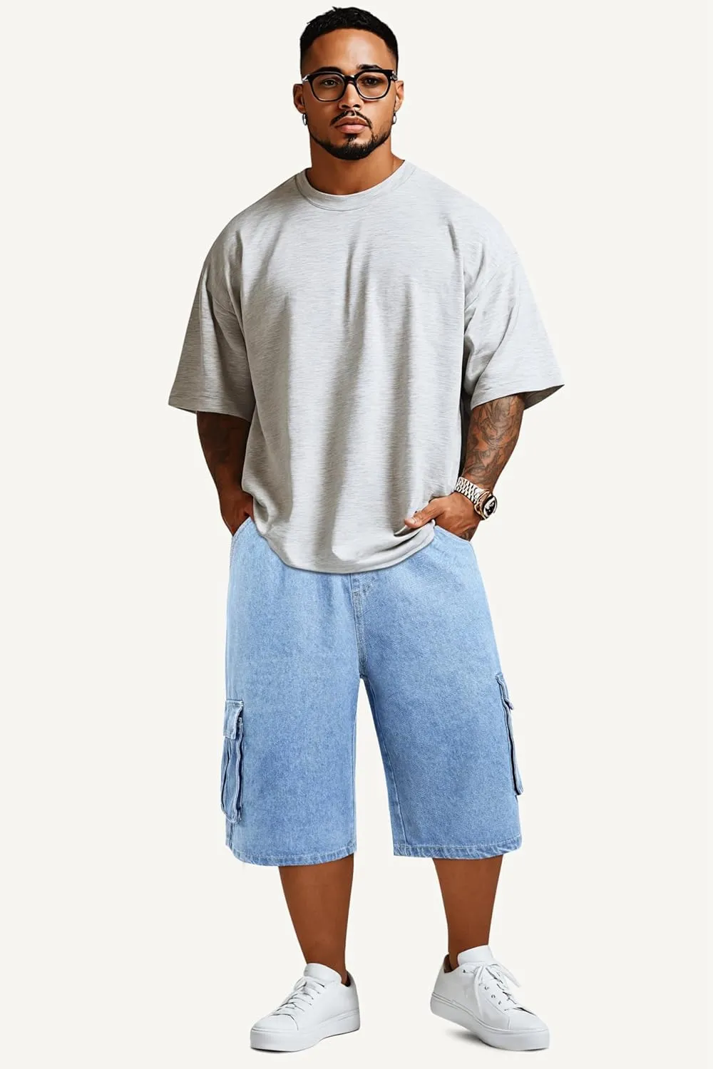GINGTTO Mens Baggy Jean Shorts Cargo Long Denim Shorts Elastic Waist 15 Inch Inseam