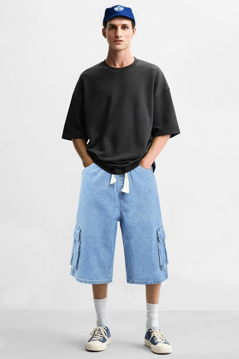 GINGTTO Mens Baggy Jean Shorts Cargo Long Denim Shorts Elastic Waist 15 Inch Inseam