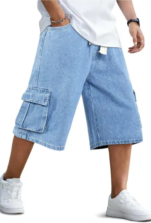 GINGTTO Mens Baggy Jean Shorts Cargo Long Denim Shorts Elastic Waist 15 Inch Inseam