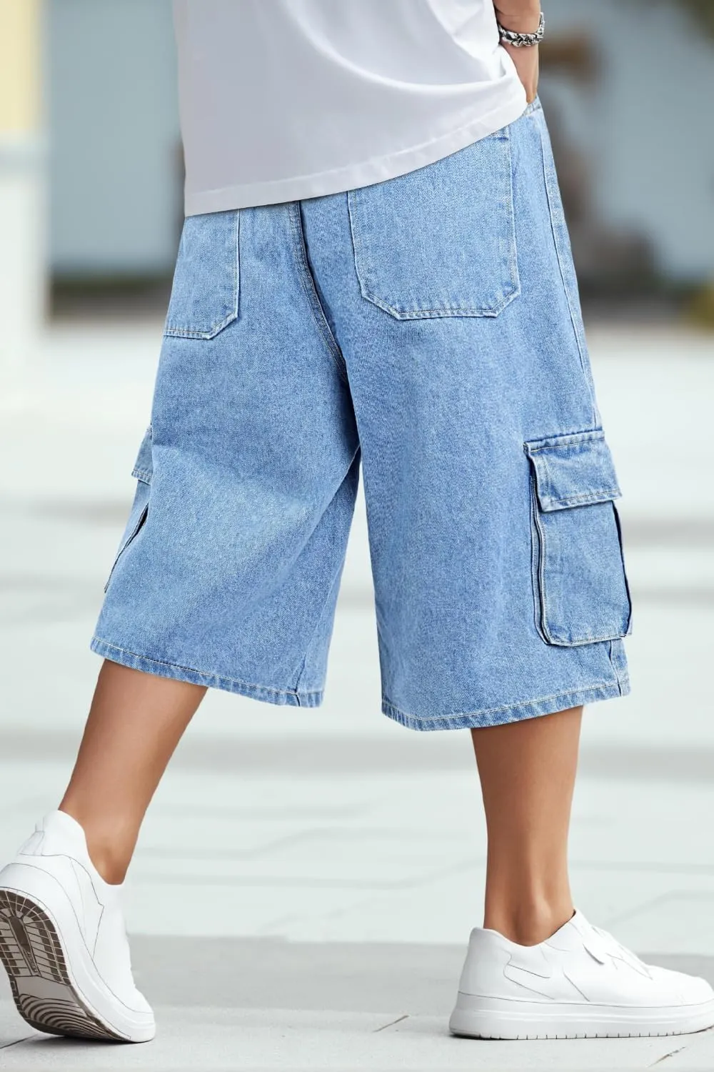 GINGTTO Mens Baggy Jean Shorts Cargo Long Denim Shorts Elastic Waist 15 Inch Inseam