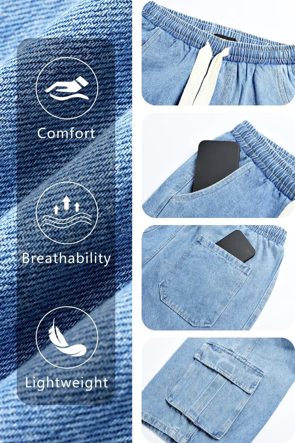 GINGTTO Mens Baggy Jean Shorts Cargo Long Denim Shorts Elastic Waist 15 Inch Inseam