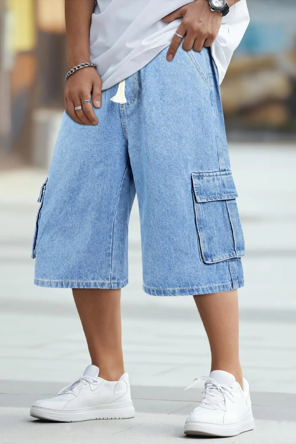 GINGTTO Mens Baggy Jean Shorts Cargo Long Denim Shorts Elastic Waist 15 Inch Inseam