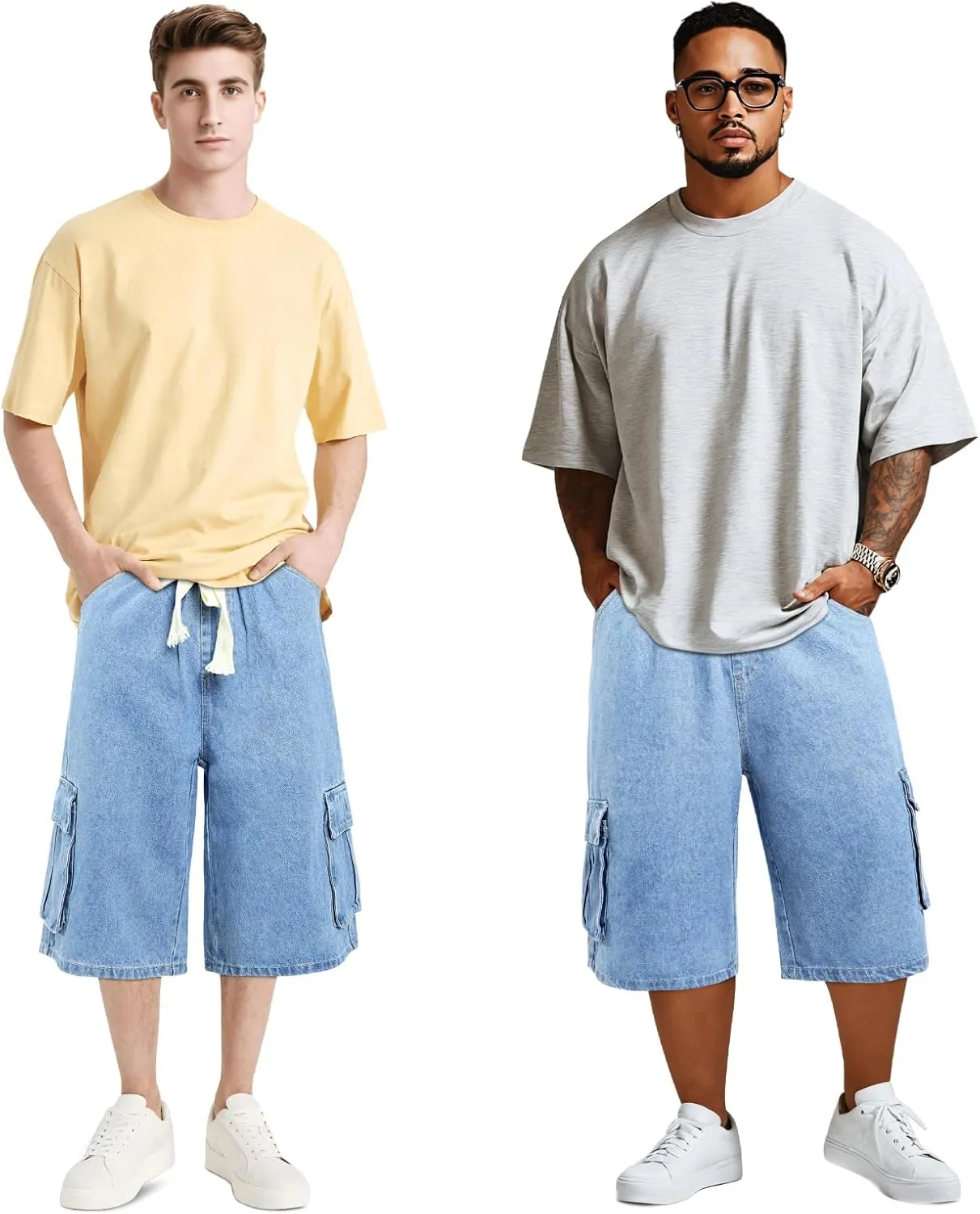 GINGTTO Mens Baggy Jean Shorts Cargo Long Denim Shorts Elastic Waist 15 Inch Inseam