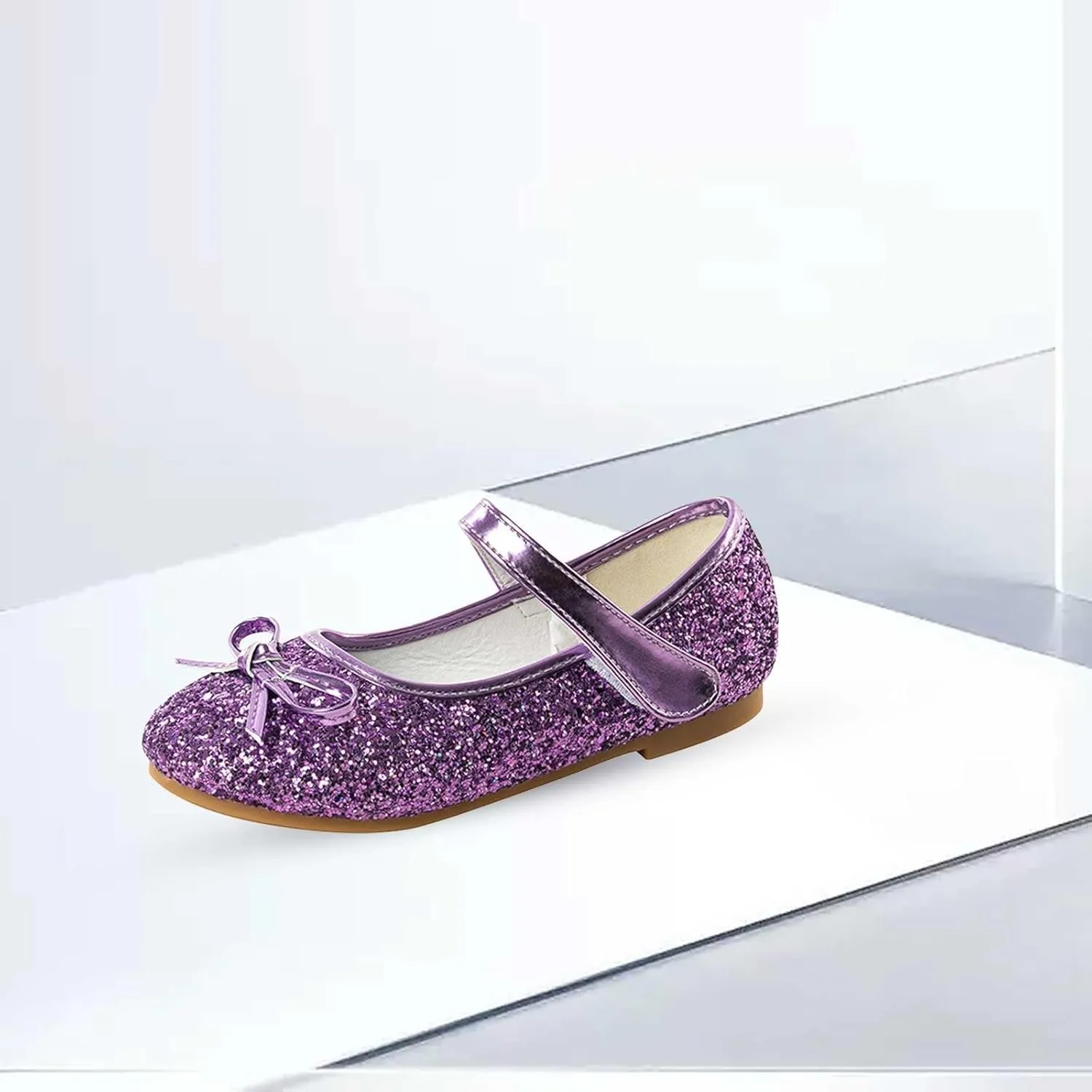 Girl Mary Jane Dress Shoes Glitter Flat Shoes Bowknot Sequin Shoe Bow Wedding Sandals High Heels Shiny Sandals