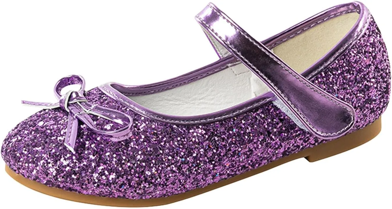 Girl Mary Jane Dress Shoes Glitter Flat Shoes Bowknot Sequin Shoe Bow Wedding Sandals High Heels Shiny Sandals